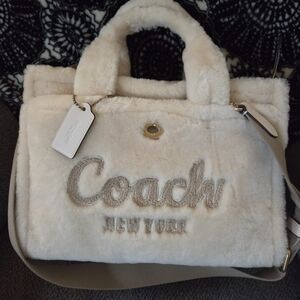 Coach Shearling Sherpa Cream Ivory Cargo Tote Bag Purse